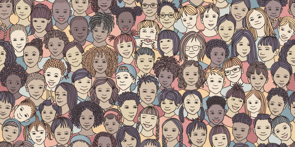 Cheerful cartoon illustration showcasing a diverse array of children's faces.